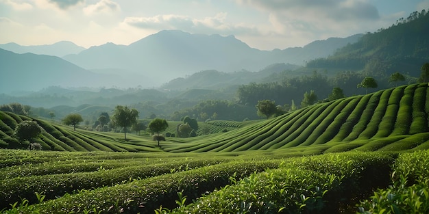 Ruhige Teeplantage bei Sonnenaufgang üppig grüne Felder friedliche Landschaft für Entspannung oder Hintergrundnutzung KI