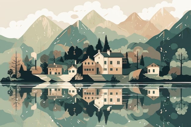 Ruhige und minimalistische Illustration einer rustikalen Berghütte in einem ruhigen Tal