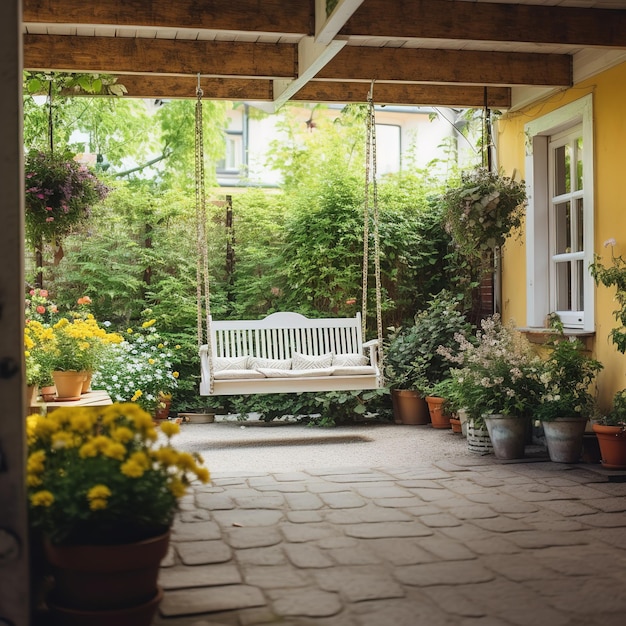 Foto ruhige veranda mit einem baum, sonnenlicht und wärme