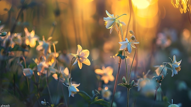 Ruhige Wildblumen bei Sonnenuntergang, ruhige Naturszene, weiches Licht und Bokeh, friedliche Outdoor-Fotografie, idyllischer Blumen-Hintergrund, Nahaufnahme, lebendige Farben, perfekt für Entspannungsthemen, KI