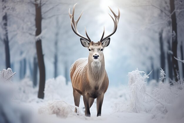 Ruhige Winterszene Ein Reh auf einem schneebedeckten Feld