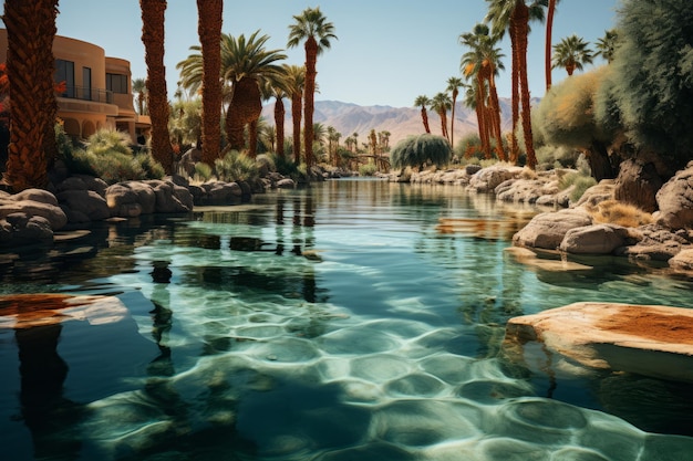 Foto ruhige wüstenoase mit palmen und ihren reflexionen in einem klaren pool generative ki