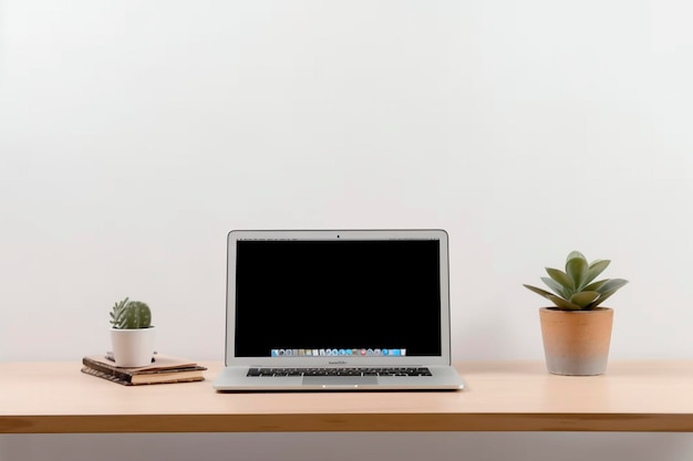 Ruhiger Arbeitsplatz mit Laptop und Sukkulenten auf minimalistischem Schreibtisch, generative KI
