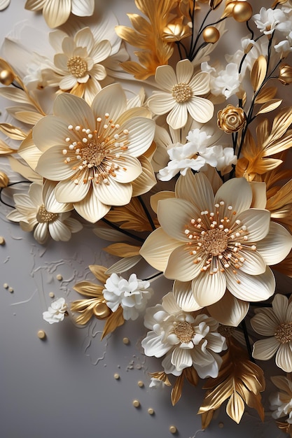 Ruhiger beige strukturierter Hintergrund mit goldenem Wirbel und weißem Blumenrand, AI-generativ