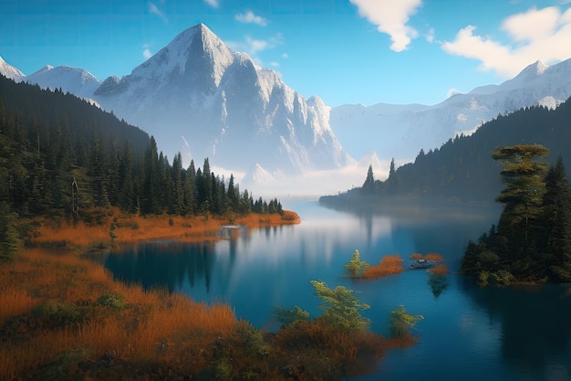 Ruhiger Bergsee und klare Landschaft des blauen Himmels