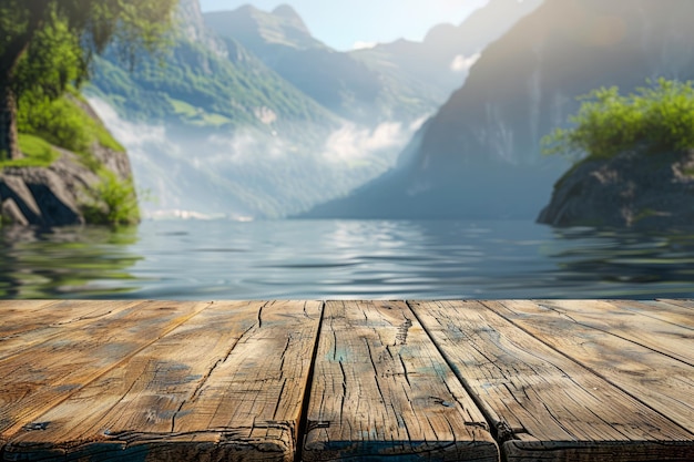 Ruhiger Blick auf den See von Wooden Pier mit majestätischen Bergen und üppigem Grün im nebligen Morgenlicht