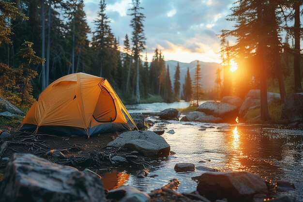 Ruhiger Blick auf den Sonnenuntergang auf dem Campingplatz Riverside in einem Waldgebiet