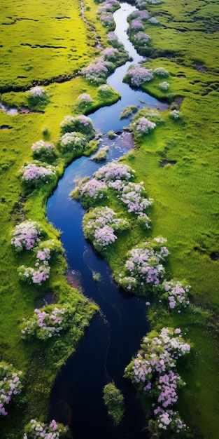 Ruhiger Blick aus der Luft auf blühende Wildblumen entlang eines ruhigen Flusses