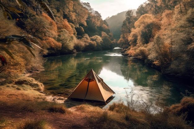 Ruhiger Campingplatz mit Zelt und Blick auf den ruhigen Fluss. Generative KI