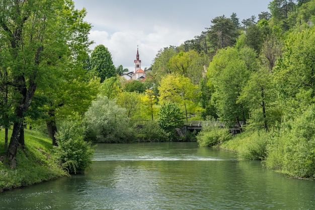 Ruhiger, friedlicher Fluss im Park in der Nähe des Höhlensystems von Postojna in Slowenien