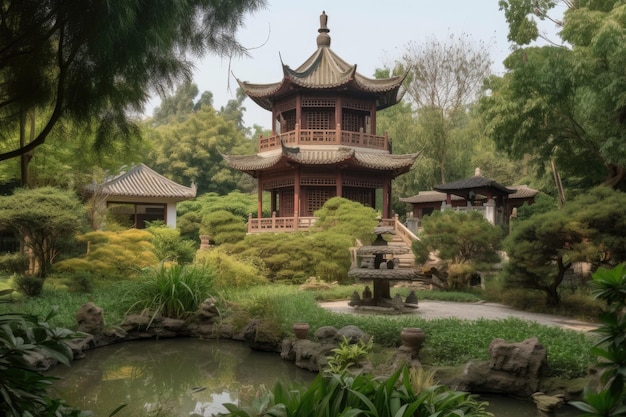 Ruhiger Garten mit Blick auf die hoch aufragende China-Pagode in der Ferne, erstellt mit generativer KI