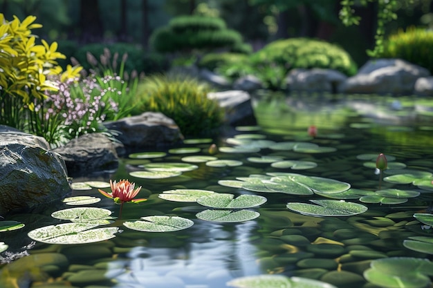 Ruhiger Gartenteich mit Lilienblumen