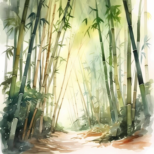 Ruhiger grüner Bambuswaldweg, Aquarell-Landschaftsmalerei, beruhigende orientalische Naturkunst