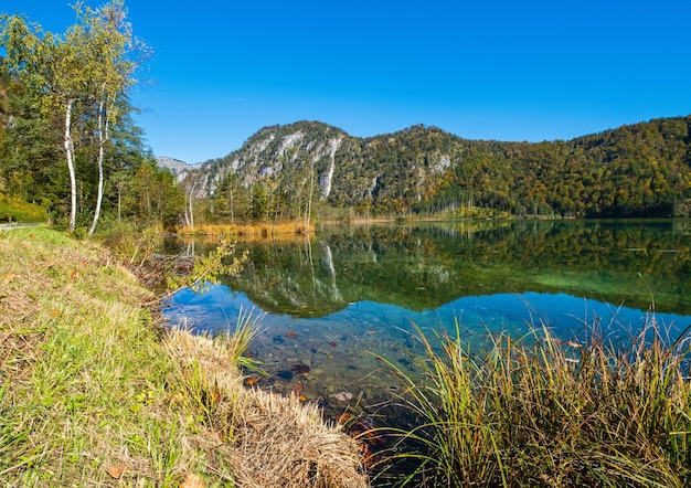 Ruhiger Herbstalpen-Gebirgssee mit klarem, transparentem Wasser und Reflexionen Almsee Oberösterreich