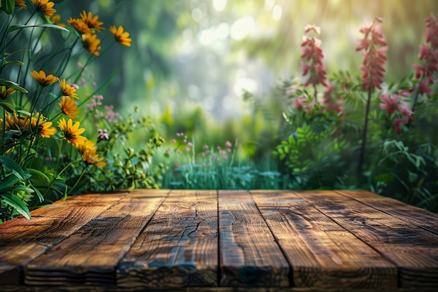 Ruhiger Holz-Tischboden mit lebendigen Wildblumen vor einem üppigen Waldgrund Perfekt für die Natur