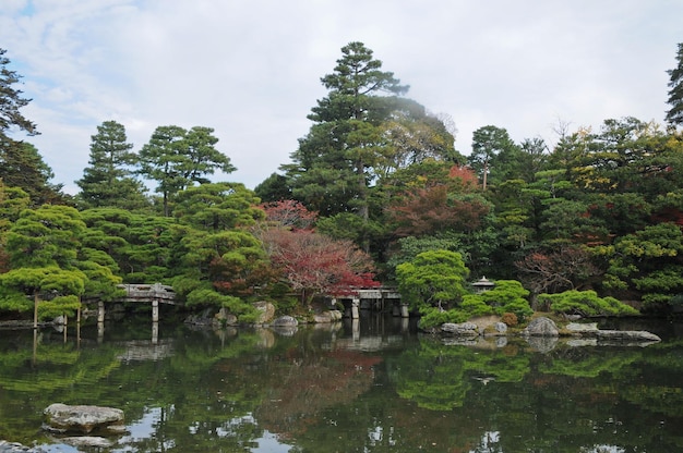 Ruhiger japanischer Zen-Garten und Teich im Herbst