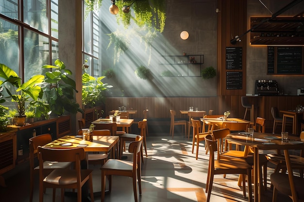 Ruhiger Kaffee-Morgen mit Sonnenstrahlen, die durch die Fenster dringen, gemütliches Ambiente, natürliches Licht, warme Töne, ideal zum Entspannen und Arbeiten, KI