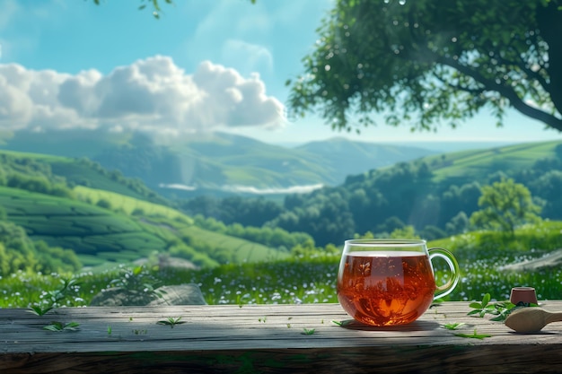 Ruhiger Landmorgen mit durchsichtigem Teekannen und malerischem Talblick Sonnenlicht Baden üppig