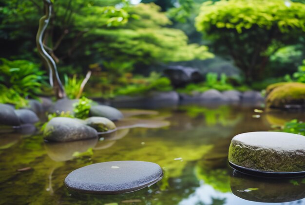 Ruhiger Meditationsgarten mit Zen-Elementen wie Felsen und einem ruhigen Teich.