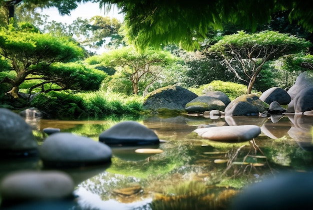 Ruhiger Meditationsgarten mit Zen-Elementen wie Felsen und einem ruhigen Teich.