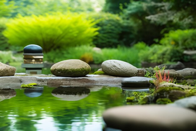 Ruhiger Meditationsgarten mit Zen-Elementen wie Felsen und einem ruhigen Teich