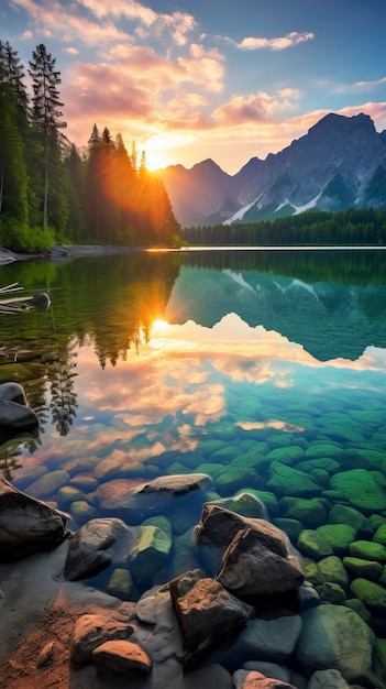 Ruhiger Morgenblick auf den Fusine-See Farbenfroher Sommer-Sonnenaufgang Natürliche Landschaft