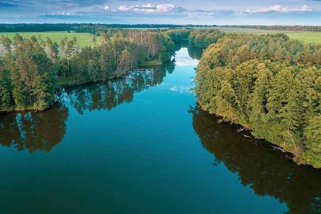 Foto ruhiger see umgeben von bäumen luftaufnahme