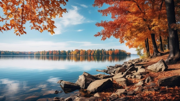 ruhiger See, umgeben von leuchtendem Herbstlaub