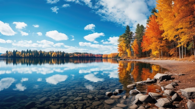 ruhiger See, umgeben von leuchtendem Herbstlaub