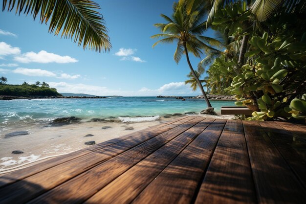 Ruhiger Sommerurlaub am Strand, Holzplattform, Palmen, blauer Himmel