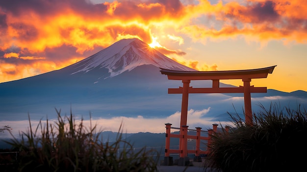 Ruhiger Sonnenaufgang über dem Berg Fuji mit Silhouette des Torii-Tores