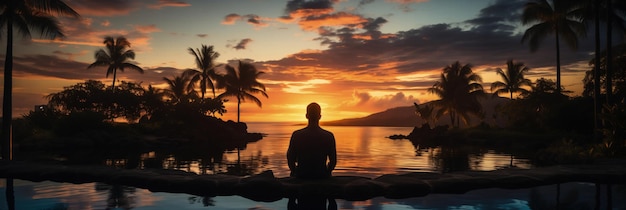 Ruhiger Sonnenuntergang am Pool, während sich ein Mann in einer tropischen Umgebung entspannt