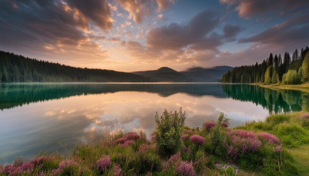 Ruhiger Sonnenuntergang am See mit lebendigen Reflexionen