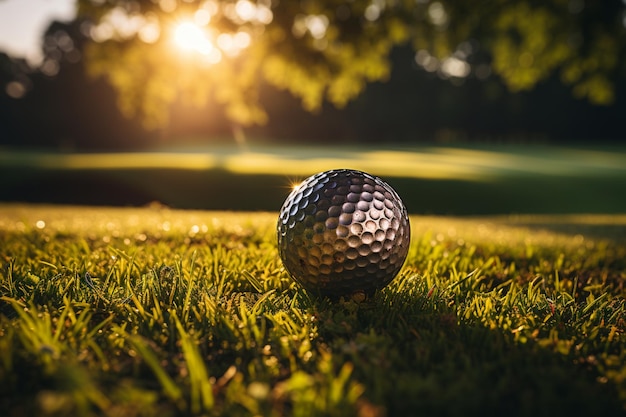 Ruhiger Sonnenuntergang mit Golfschläger und Ball auf üppigem Grün