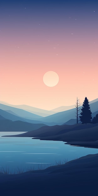 Ruhiger Sonnenuntergang über dem See minimalistischer Vektorhintergrund