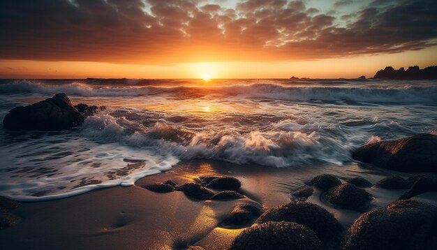 Ruhiger Sonnenuntergang über der felsigen Küste reflektiert orangefarbene Wärme auf Wasser, die durch künstliche Intelligenz erzeugt wird