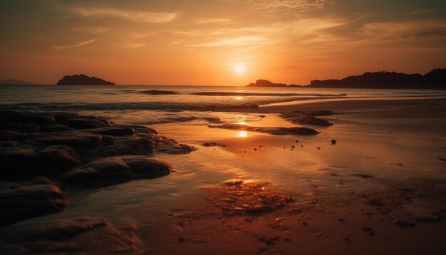 Ruhiger Sonnenuntergang über der tropischen Küste, der die von KI erzeugte orange und gelbe Schönheit widerspiegelt