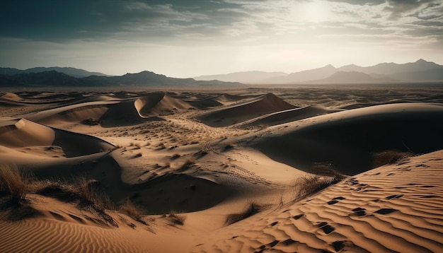 Ruhiger Sonnenuntergang über majestätischen Sanddünen im abgelegenen Afrika, erzeugt durch KI