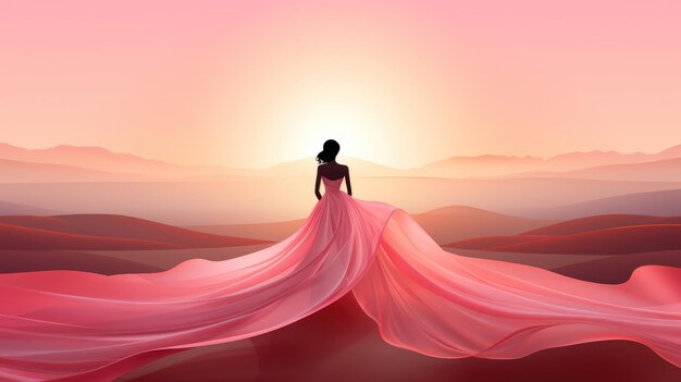 Ruhiger Sonnenuntergangshintergrund mit der Silhouette einer Frau in einem rosa bandförmigen Kleid