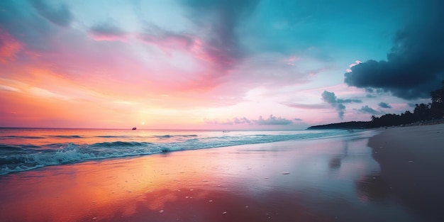 Ruhiger Strand bei Sonnenaufgang mit einem mehrfarbigen Himmel hinter Paradise Tropical Beach bei Sonnenuntergang Meereswellen