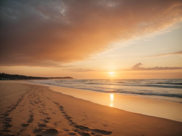 Ruhiger Strand bei Sonnenuntergang mit Wellen, die sanft das Ufer umspülen, Palmen, die sich im Wind wiegen