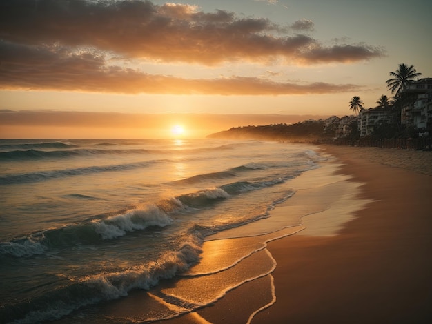 Ruhiger Strand bei Sonnenuntergang mit Wellen, die sanft das Ufer umspülen, Palmen, die sich im Wind wiegen