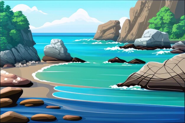 Ruhiger Strand mit Felsvorsprüngen und klarem, blauem Wasser. Generative KI
