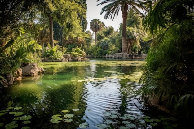 Foto ruhiger teich mit üppigen palmen und lebendigen seerosen. generative ki