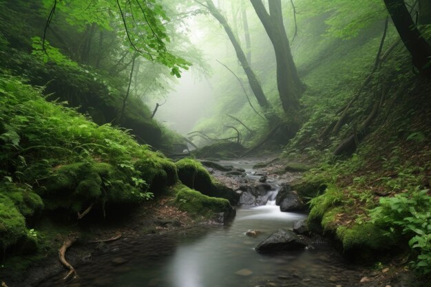 Ruhiger Wald mit plätscherndem Bach und nebligem Wasserfall, erstellt mit generativer KI