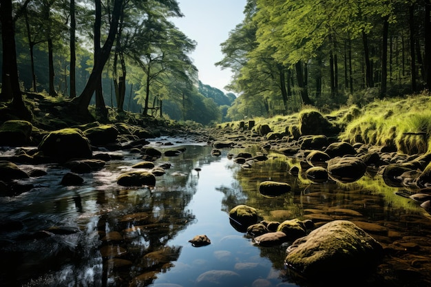 Foto ruhiger waldfluss mit moosigen felsen und seine reflexion generative ki