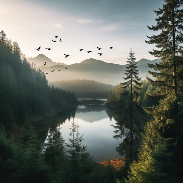 Ruhiger Waldsee mit fliegenden Vögeln