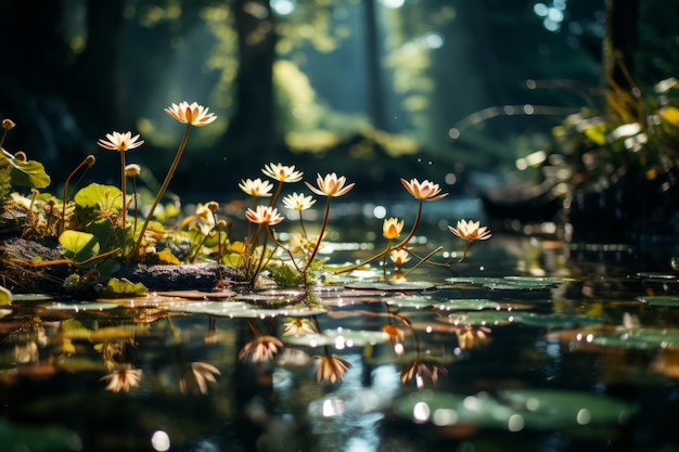 Foto ruhiger waldteich mit lilienpflanzen generative ki