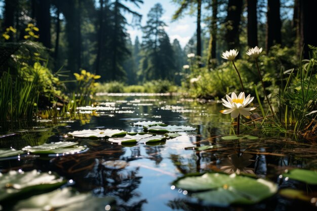 Foto ruhiger waldteich mit lilienpflanzen generative ki