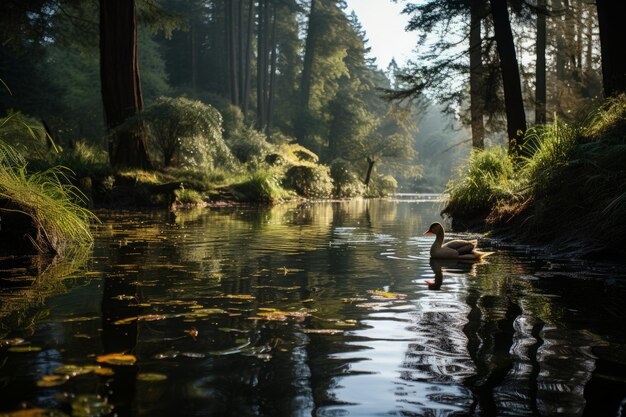 Foto ruhiger waldteich mit schwimmenden enten generative ki